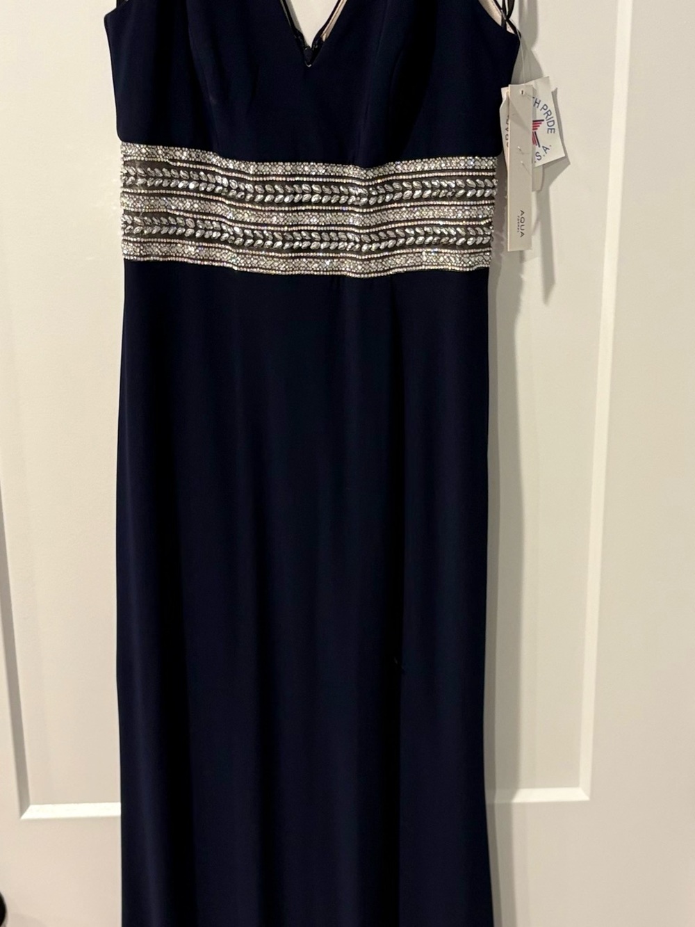 Aqua Navy Evening Dress with Silver Beaded Waistband